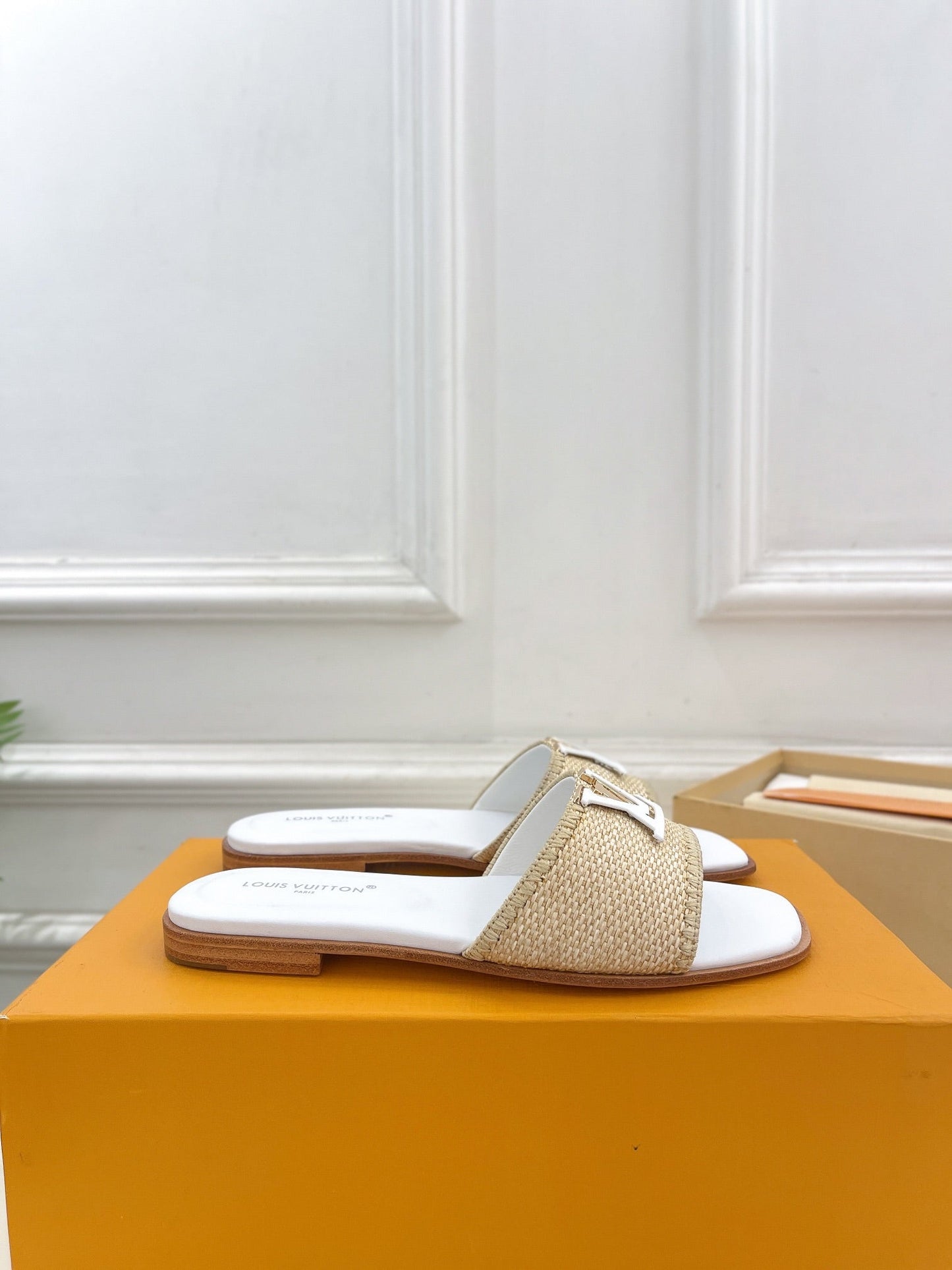 lv capri flat mule beige raffia white calfskin
