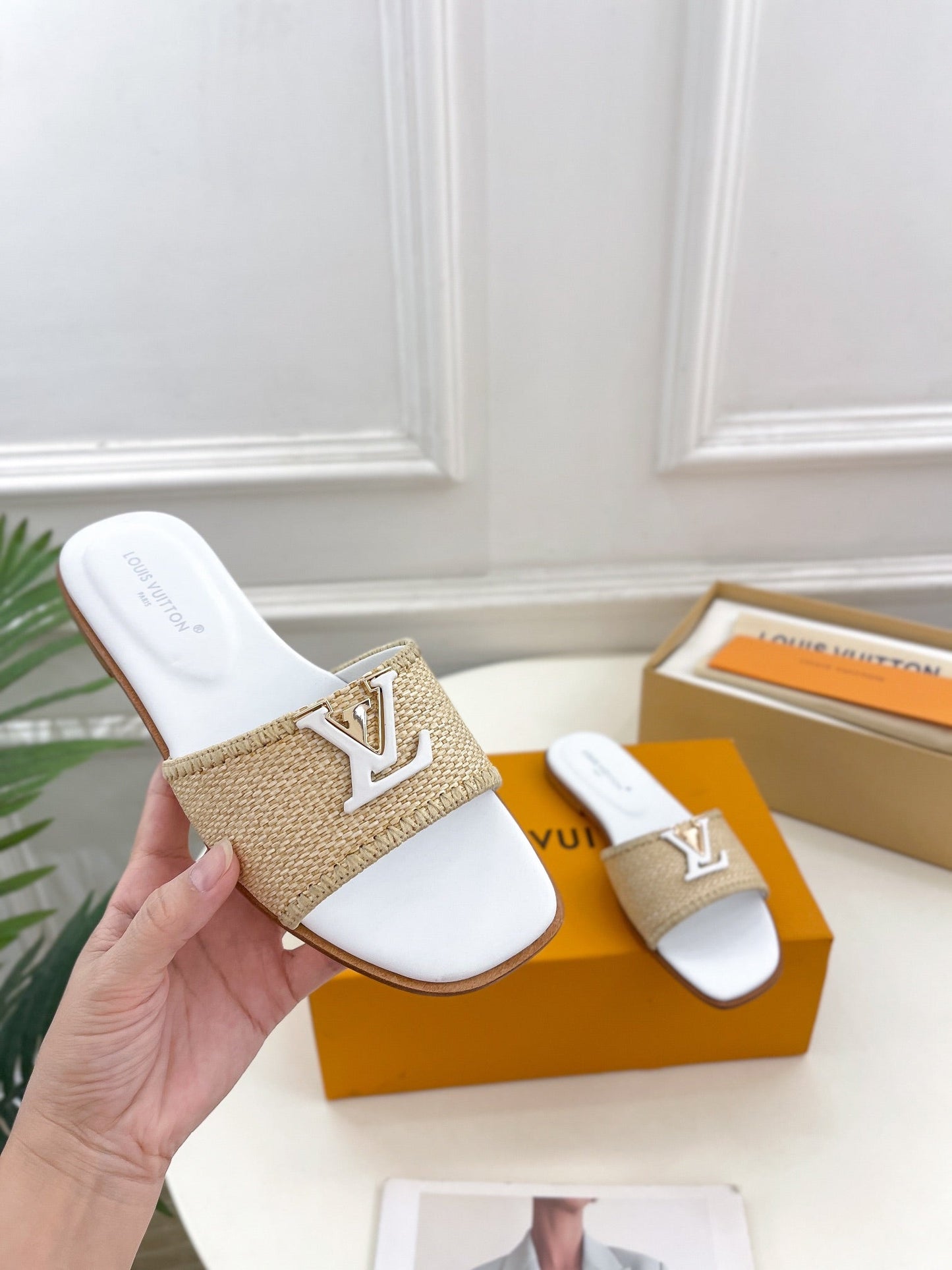 lv capri flat mule beige raffia white calfskin
