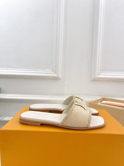 lv capri flat mule beige raffia cream calfskin