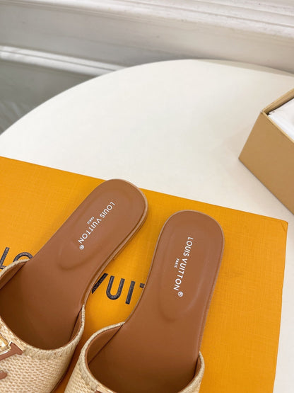 lv capri flat mule beige raffia dark brown calfskin