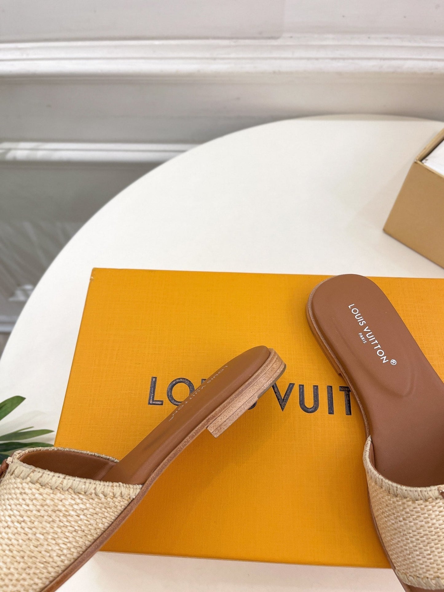 lv capri flat mule beige raffia dark brown calfskin