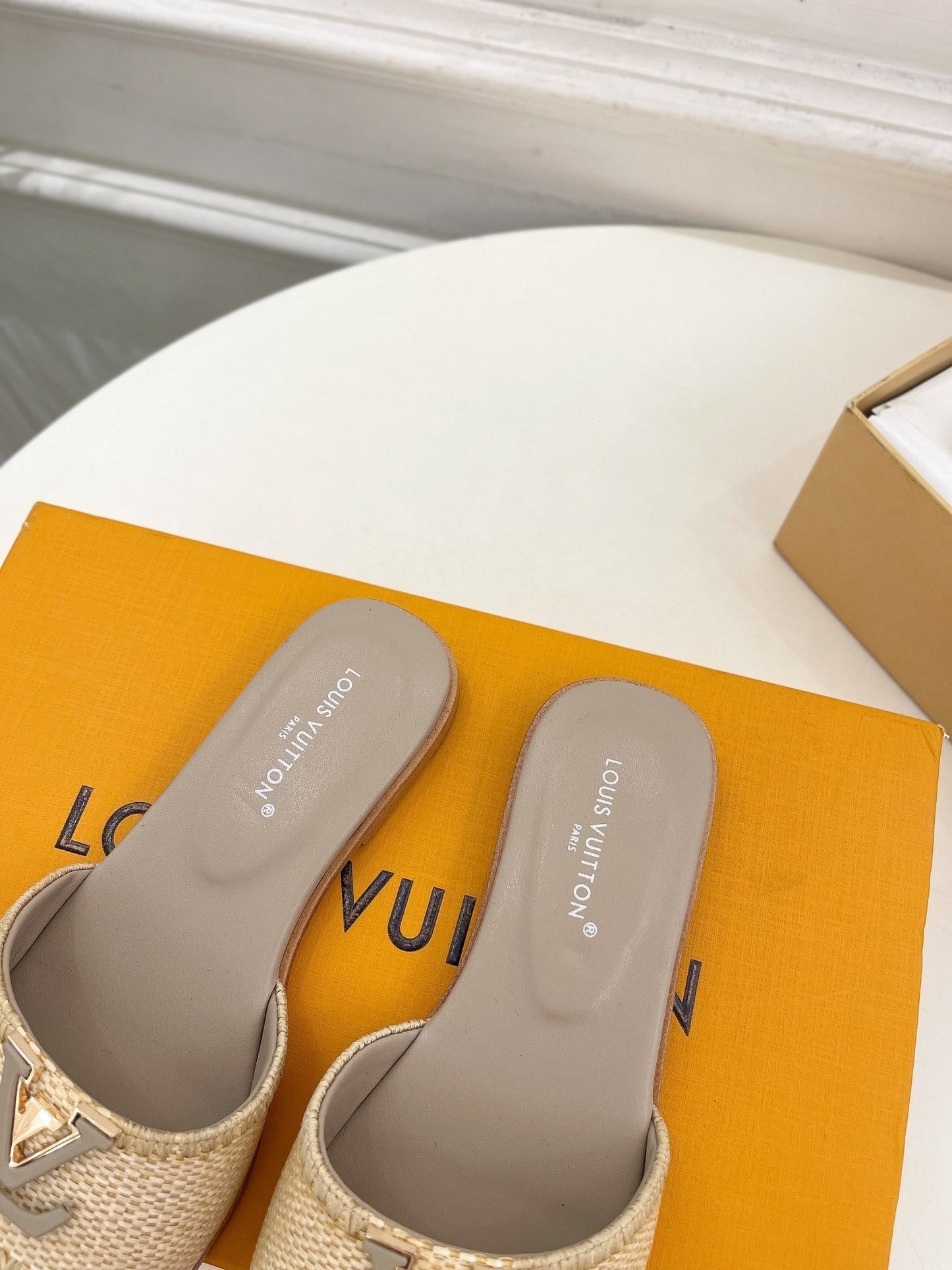 lv capri flat mule beige raffia grey calfskin