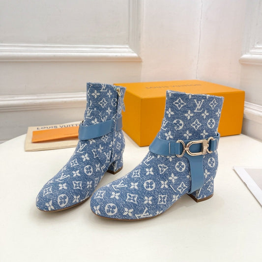LV Ankle Boots 35mm Light Blue Monogram Jacquard Fabric