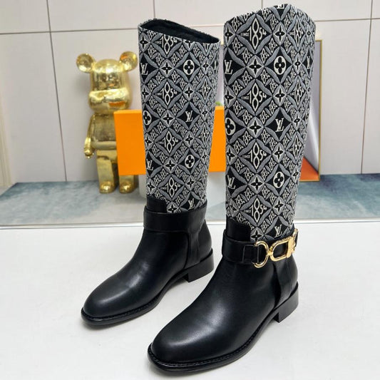 LV Westside Flat High Boot 40mm Black Mix White Monogram Lambskin