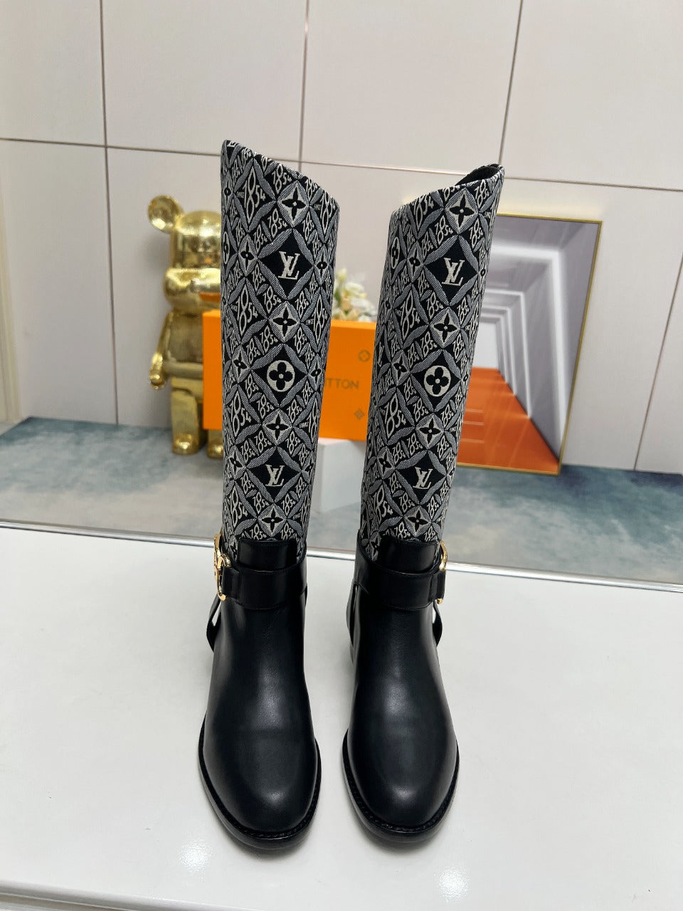 LV Westside Flat High Boot 40mm Black Mix White Monogram Lambskin