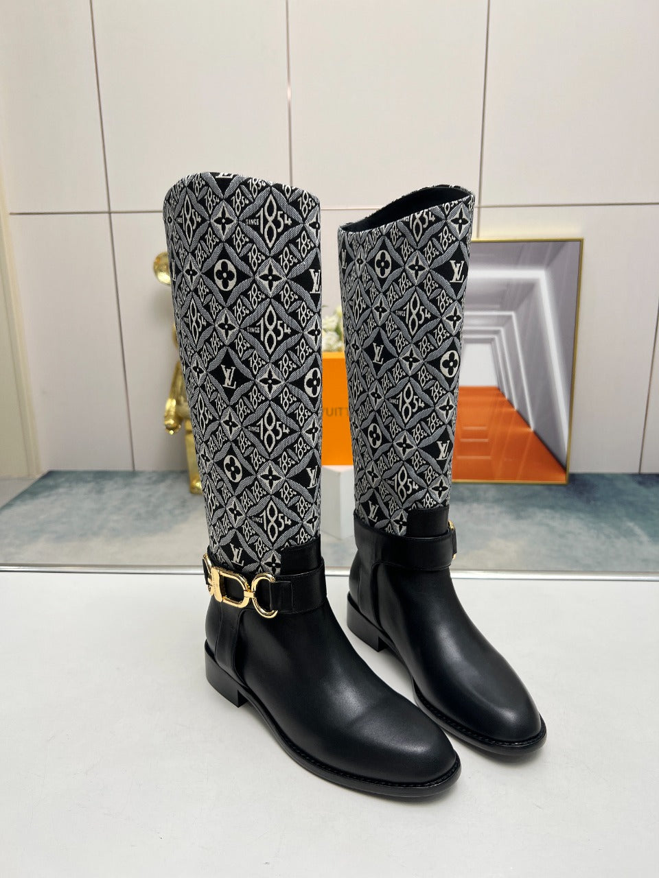 LV Westside Flat High Boot 40mm Black Mix White Monogram Lambskin