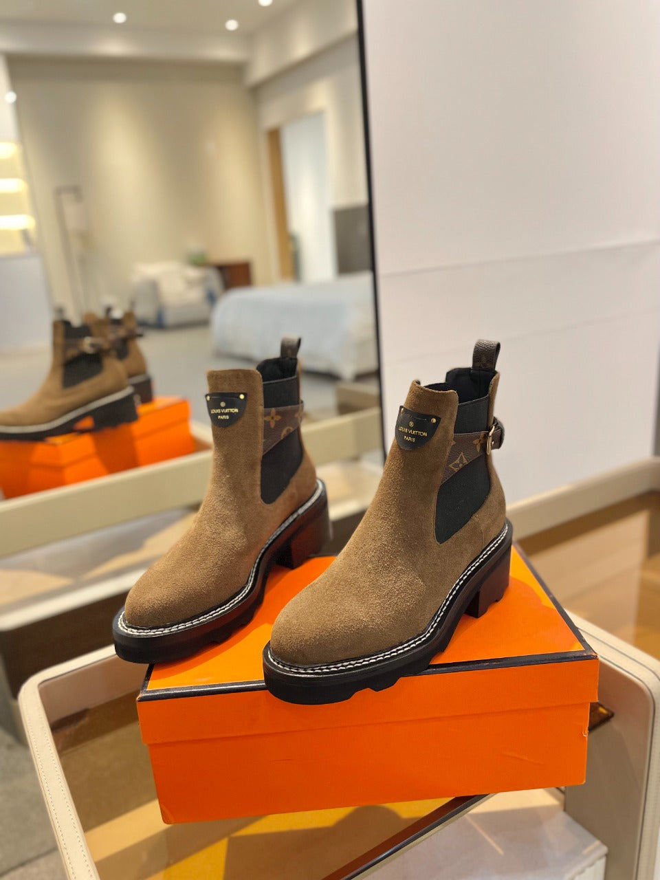LV Beaubourg Ankle Boot 100mm Brown Yellow Suede