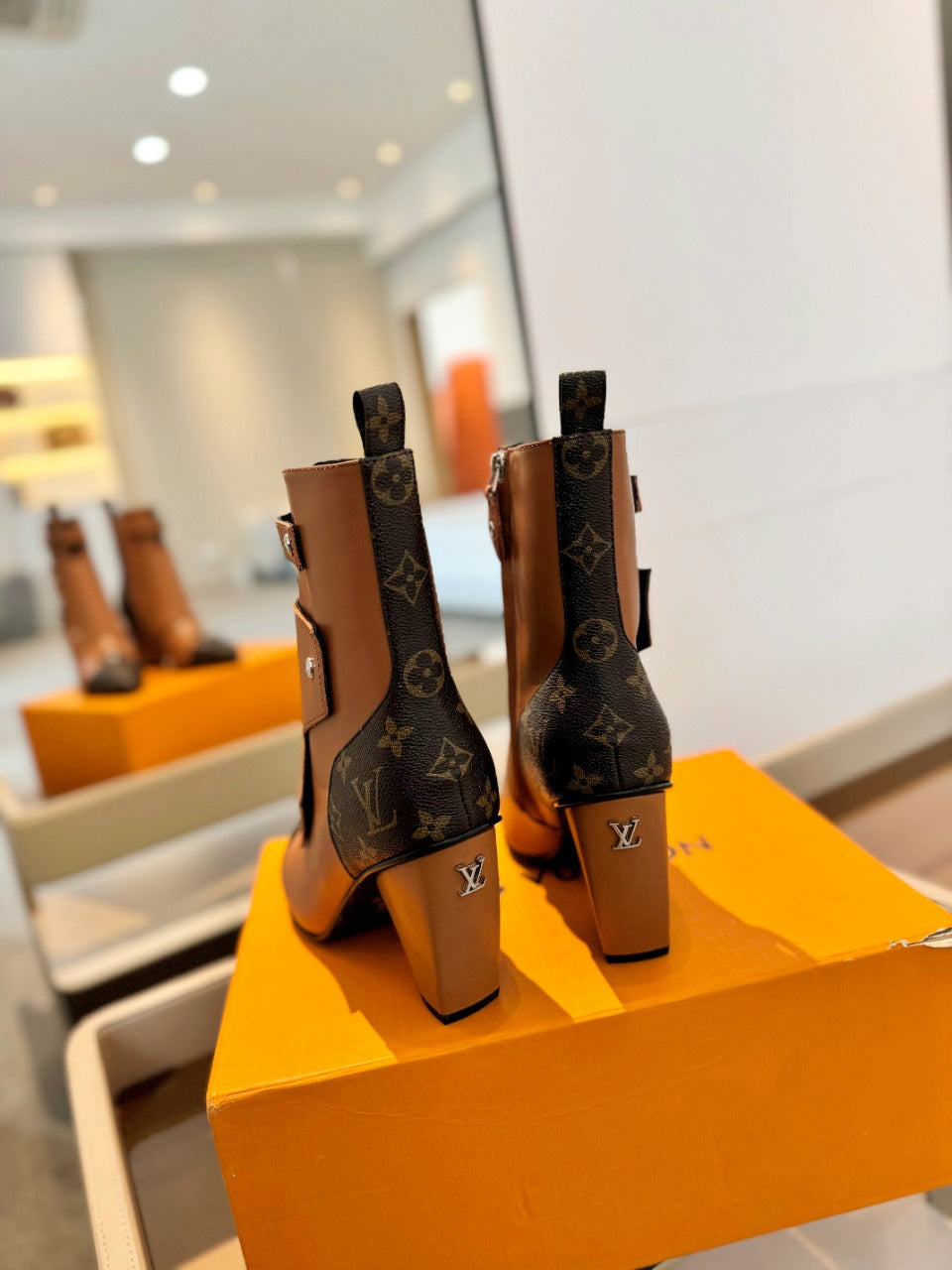 LV Trinity Ankle Boot 75mm Orange Brown Monogram Calfskin