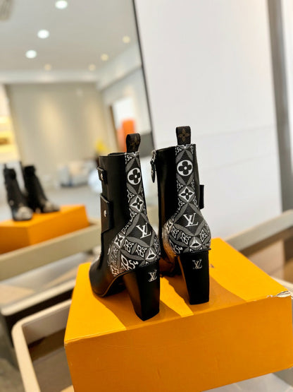 LV Trinity Ankle Boot 75mm Black Mix White Monogram Calfskin